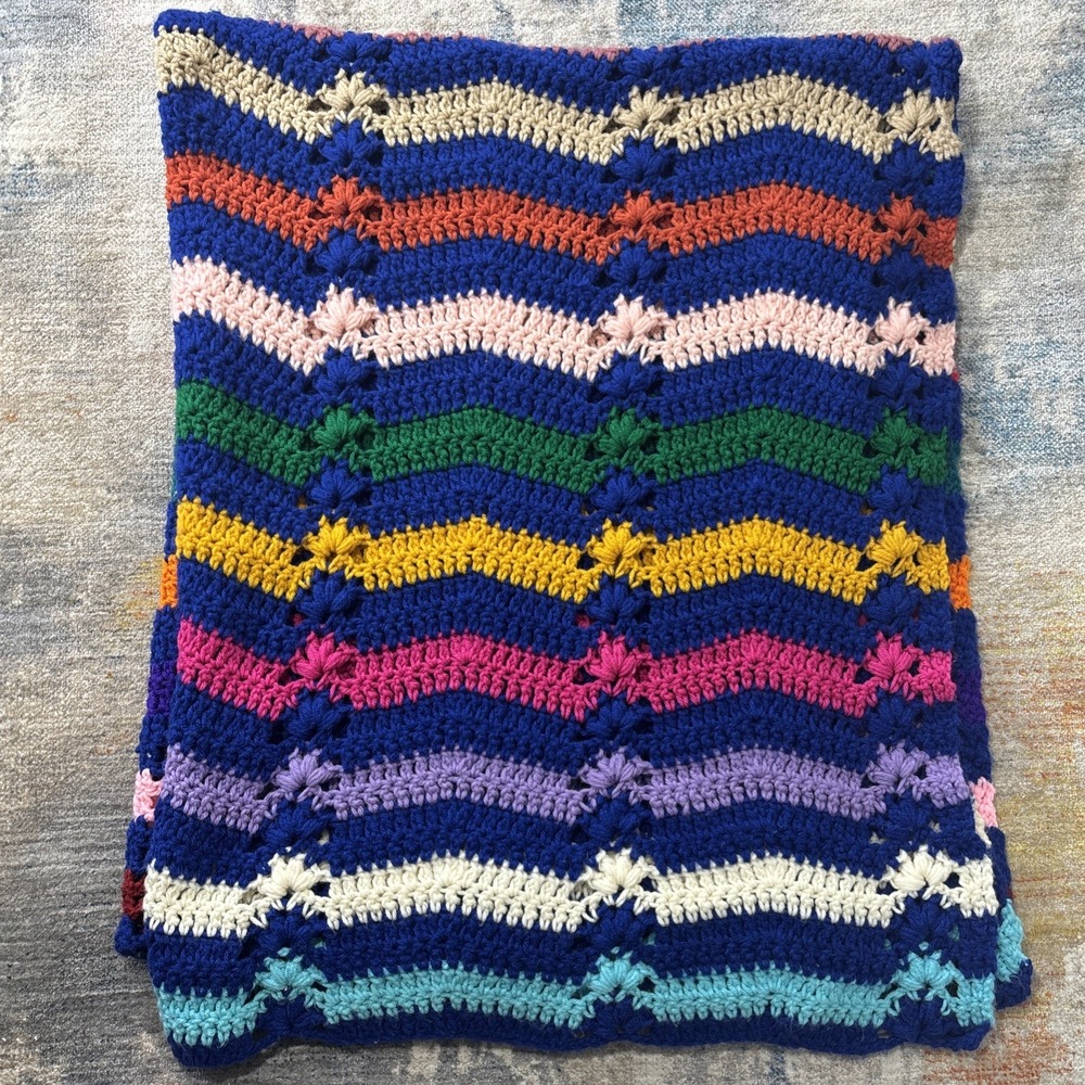 Vintage Handmade Crochet Chevron Throw Royal Blue Multicolor 57x47